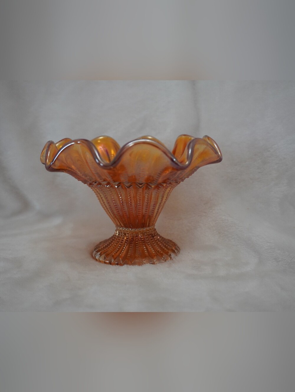 Iridescent Amber Marigold Carnival Glass Pedestal Dish - Picture 5 of 7